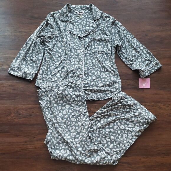 NWT Kate Spade Pink Gray Feminine Cozy Leopard Print 2 Piece Pajama Set Size XL - Picture 1 of 8